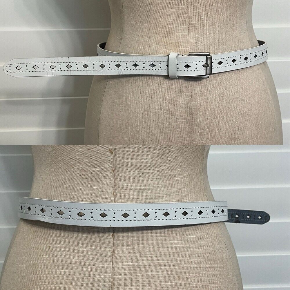 White Perforated Leather Belt, Unbranded, Size XL, made in India.